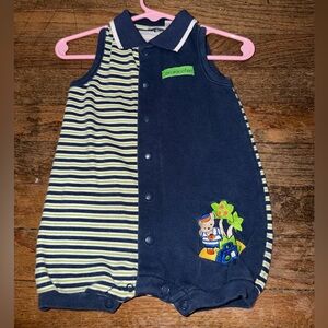 Vintage Sleeveless Romper | Navy Blue & Stripe "On Vacation" Bear Appliqué